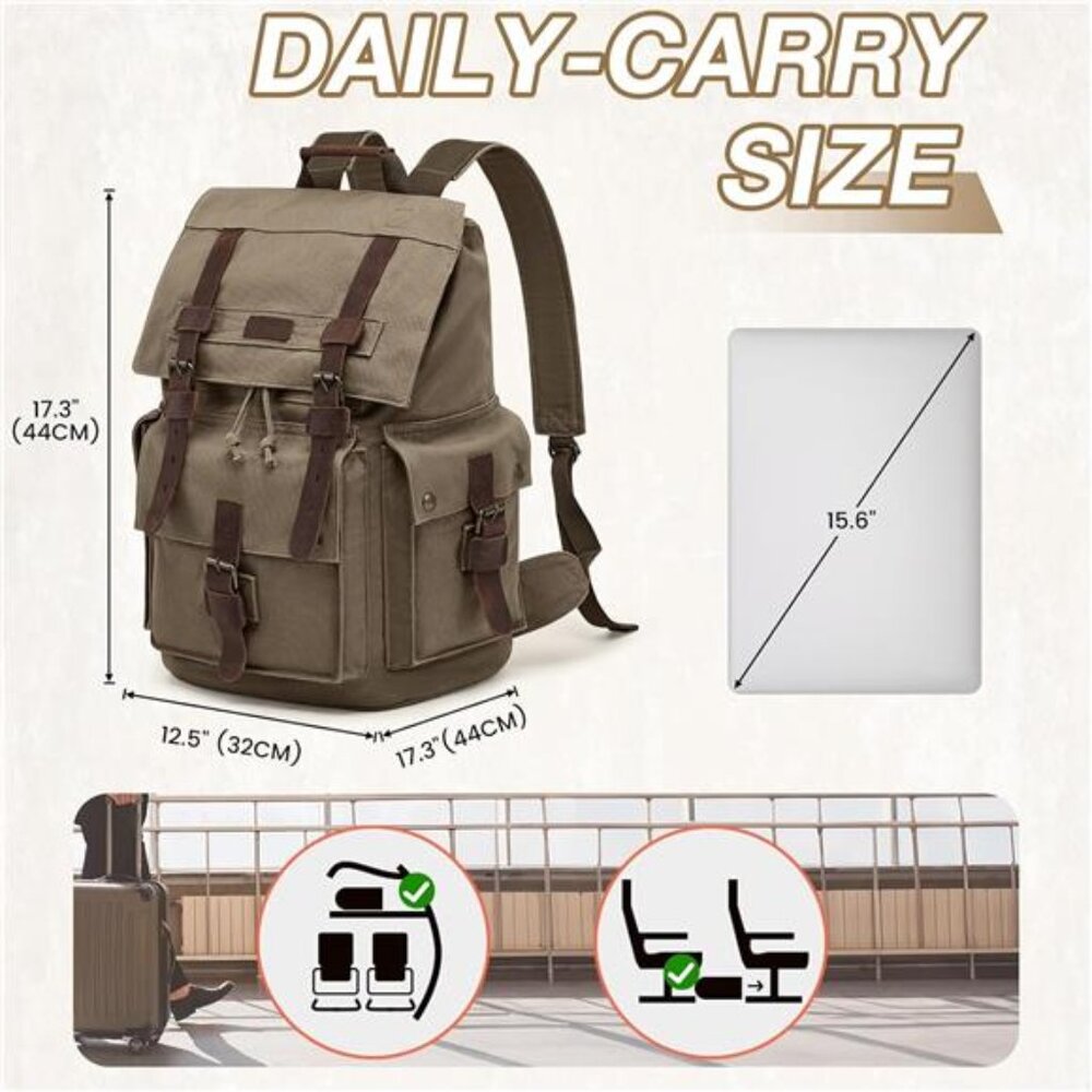 Men’s Leather Canvas Backpack Large Bag Green - Picture 3 of 6